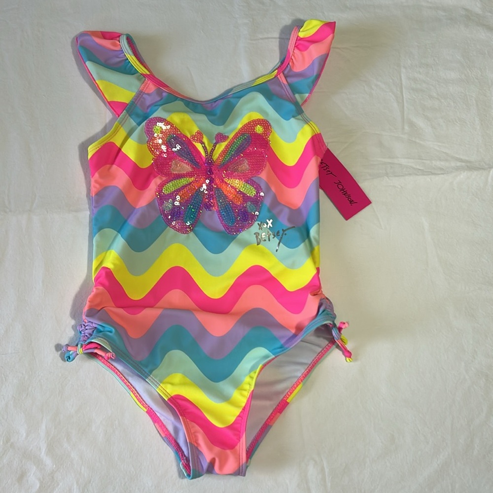 Betsey Johnson 10 Girls Swimsuit Sequin Front Butterfly neon pink multi NWT